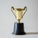 gold trophy on a black pedestal against a neutral background