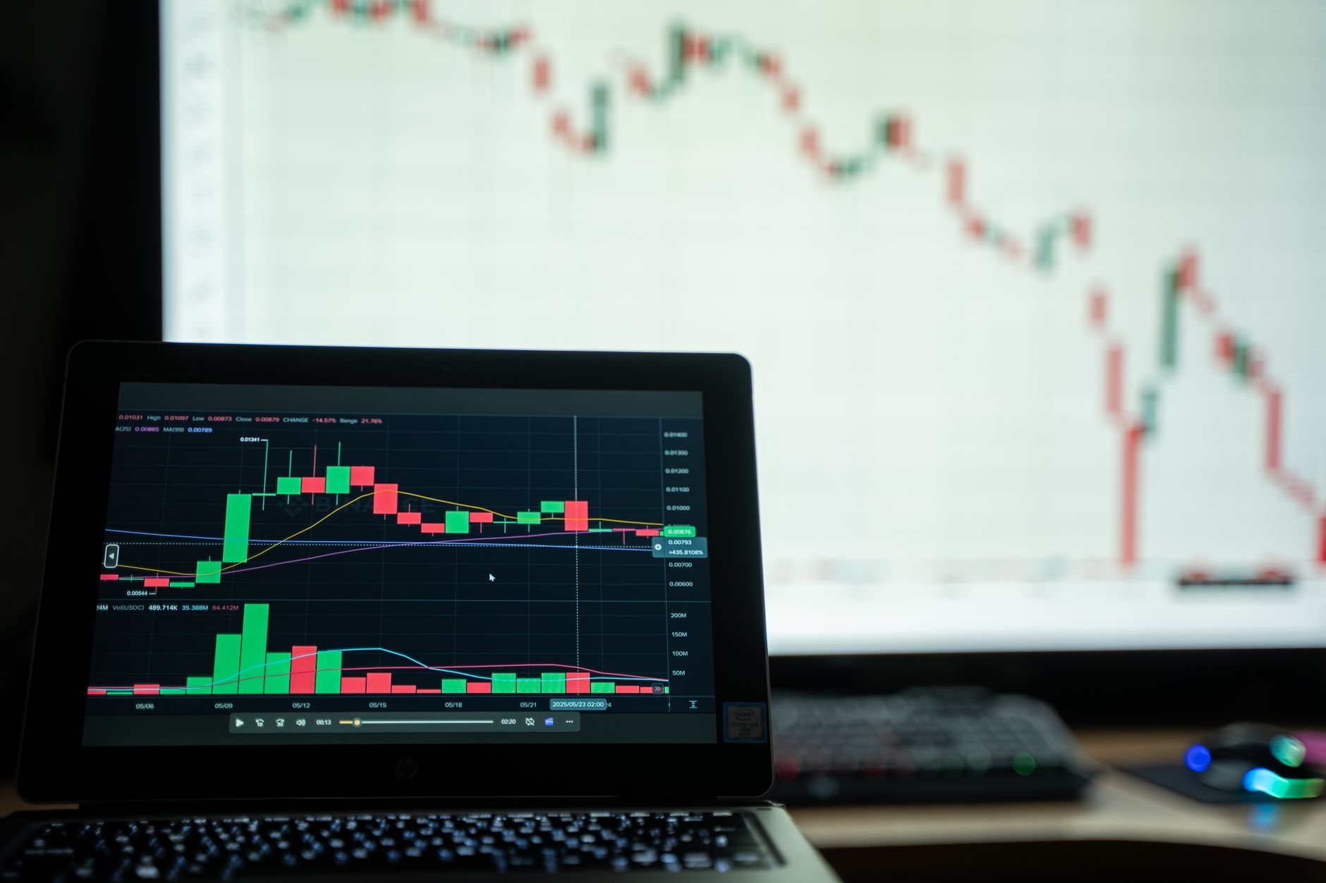 Close-up of a laptop showing cryptocurrency market charts in a trading environment. — Navigating MetaTrader 4 WebTrader: A Co